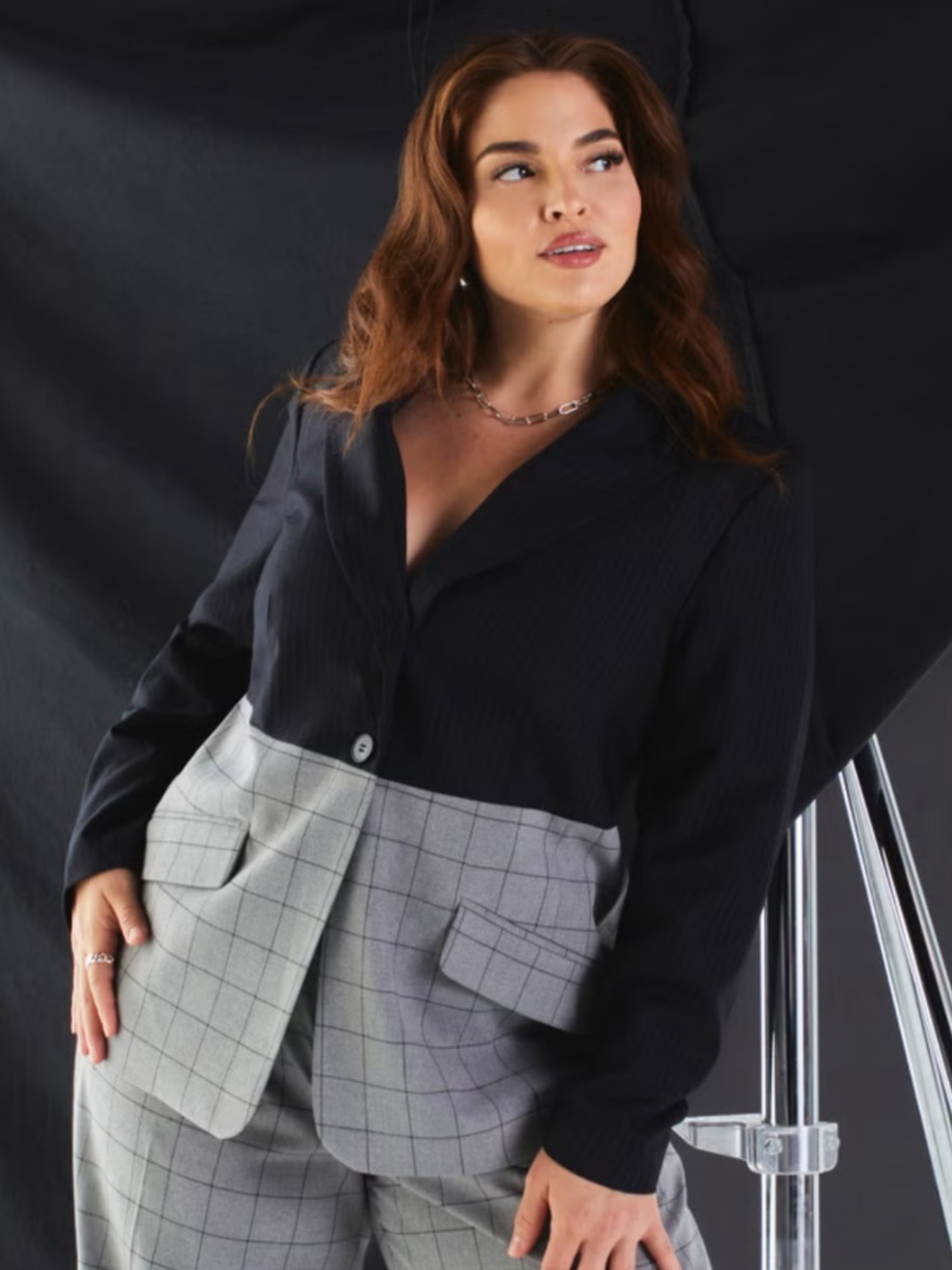 Eloquii Tailored Colorblock Pinstripe Windowpane Blazer